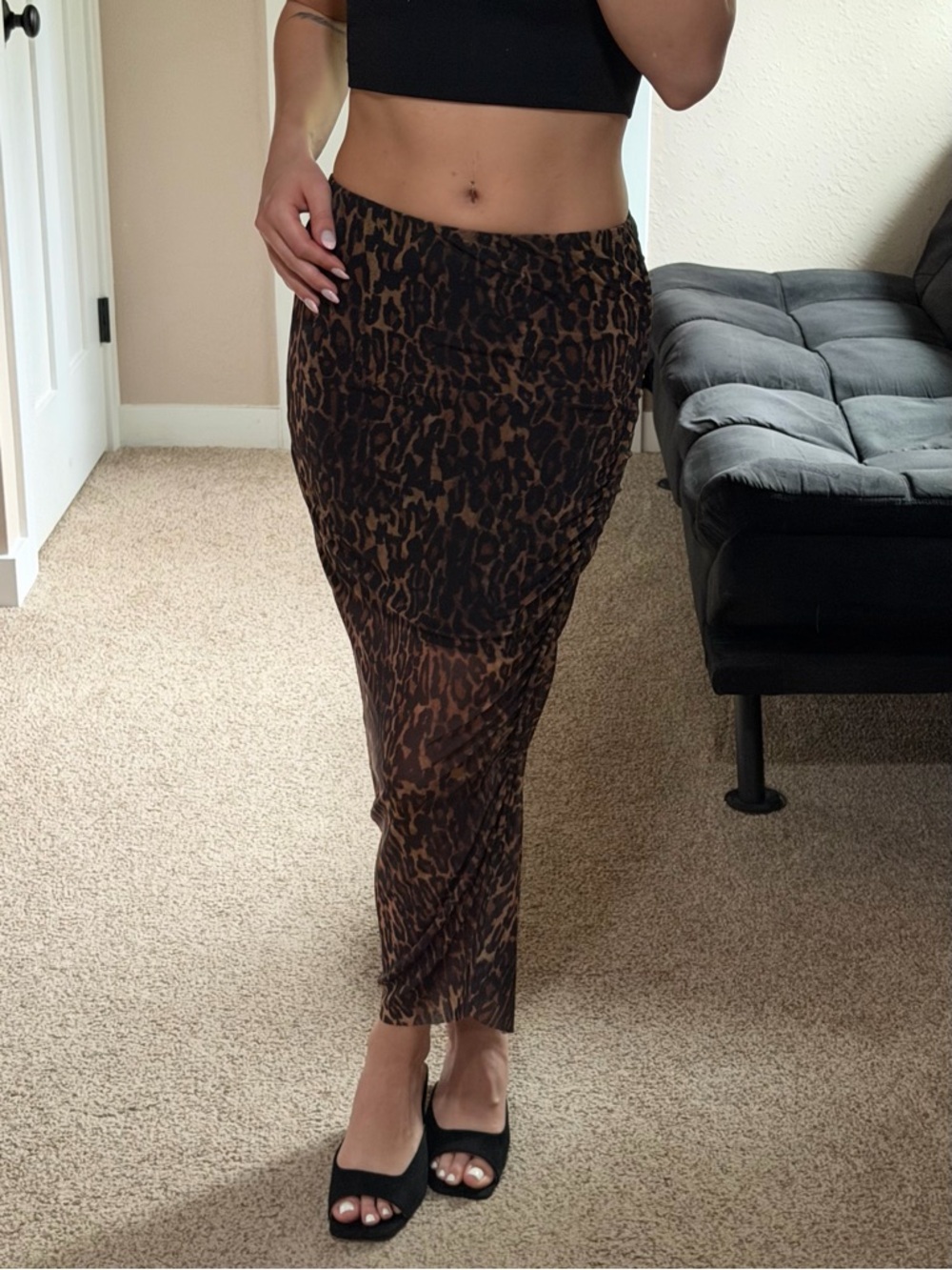 All Saints Leopard Print Mesh Mini Skirt